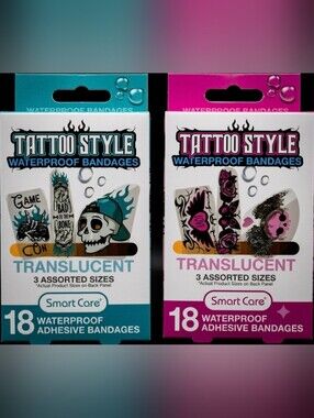 2pk: Tattoo Waterproof Translucent Bandages Rose Butterfly Skull BandAids NIP